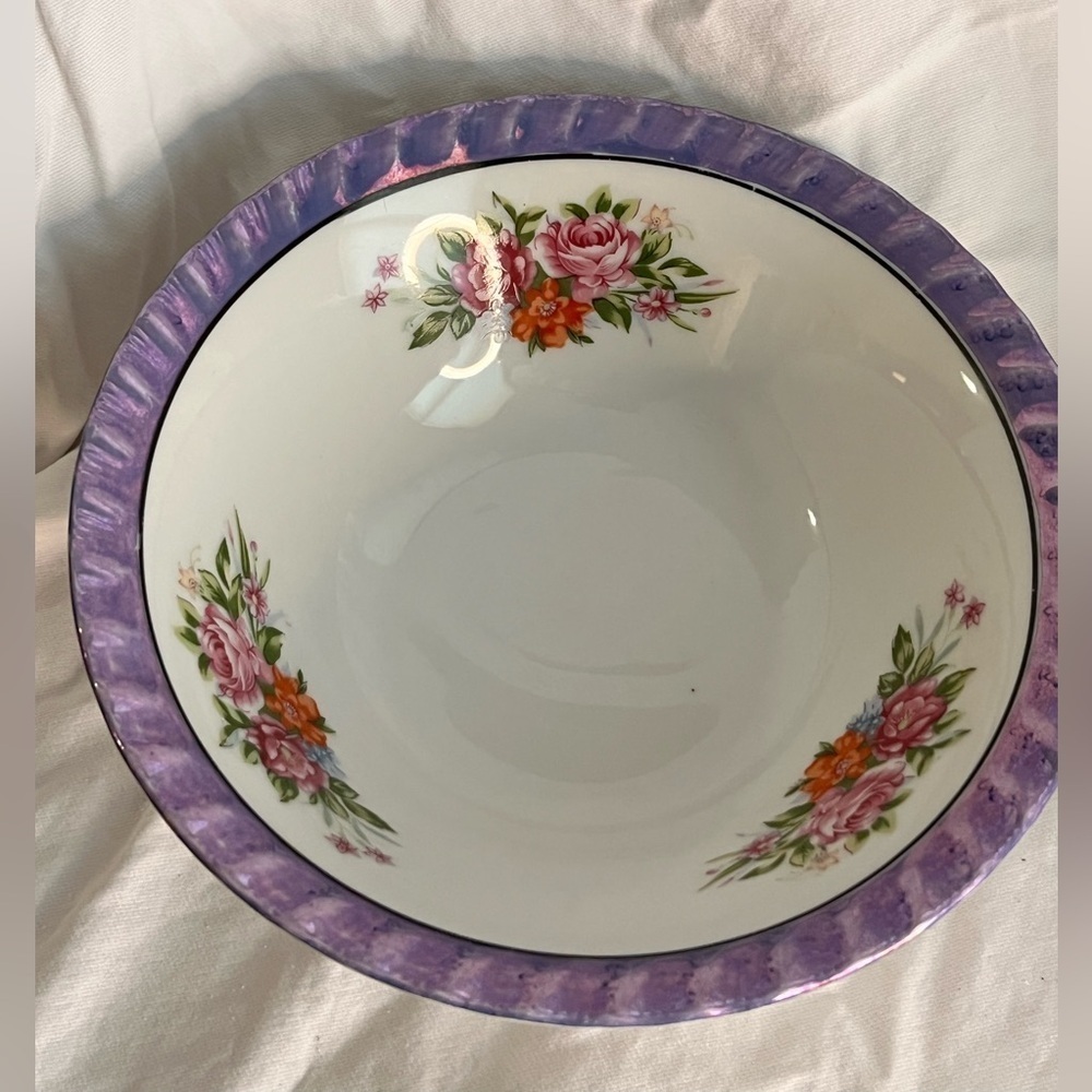 Yamatsu Japan Lusterware Set of 2 Bowls Flower Design Purple Blue Fluted Rim VTG
